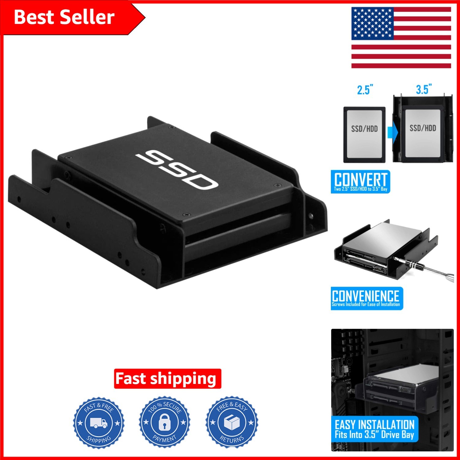 Quick Install Dual 2.5” to 3.5” HDD/SSD Mounting Kit – Space Saver in Black
