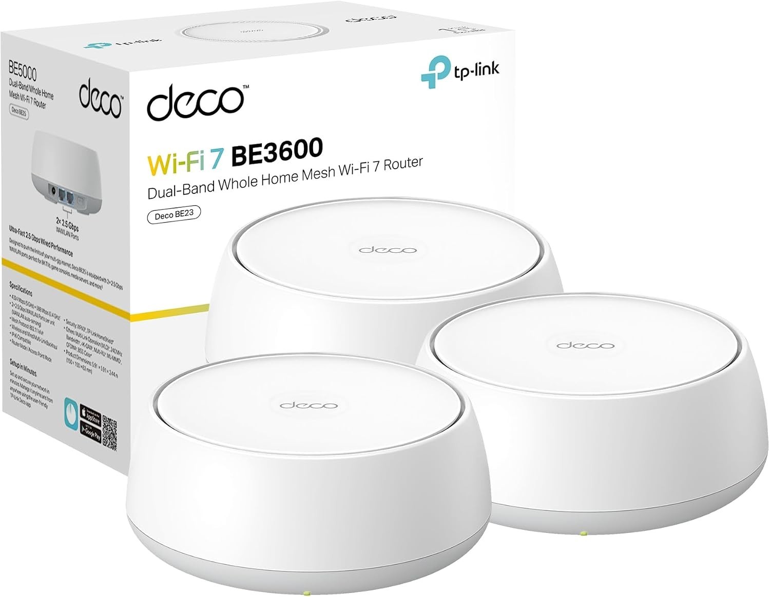 TP-Link Deco 7 BE23 Dual-Band BE3600 WiFi 7 Mesh Wi-Fi System, 3-Pack