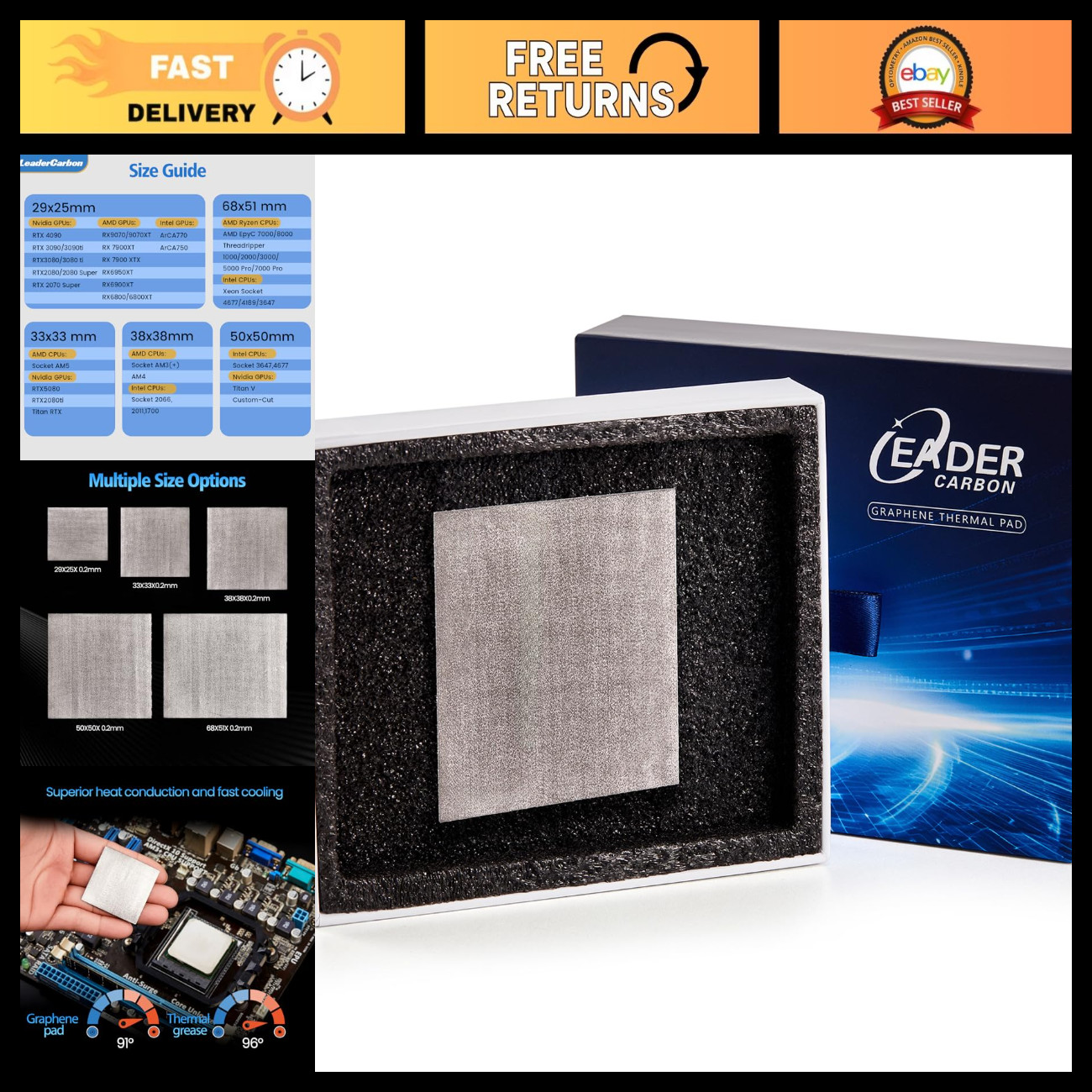 High-Performance Graphene Thermal Pad 38x38mm 0.2mm for GPU, CPU, PS5, Xbox, PC