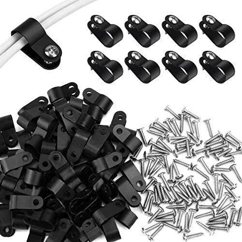  120Pcs 1/4 Inch Black R-Type Cable Clips with Screws, Nylon Black(6.4mm)
