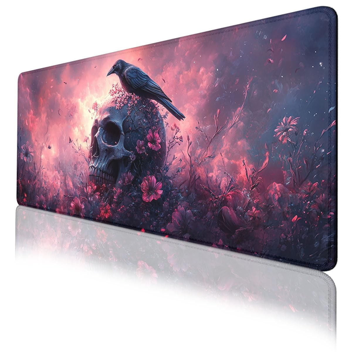 31.5x11.8 Inch Dark Fantasy Crow Skull Flower Desk Mat XL Large Mouse Pad
