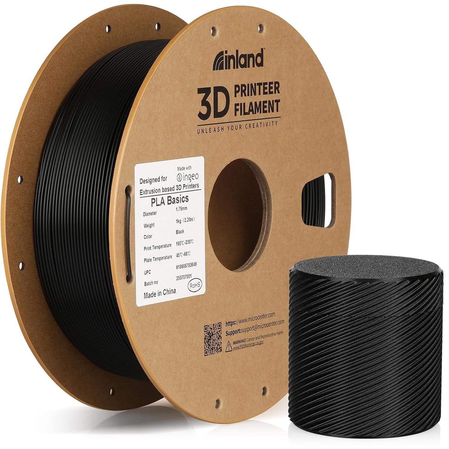 Inland PLA Basics Filament 1.75mm, 1kg Spool – Dimensional Accuracy ±0.02mm, Nea