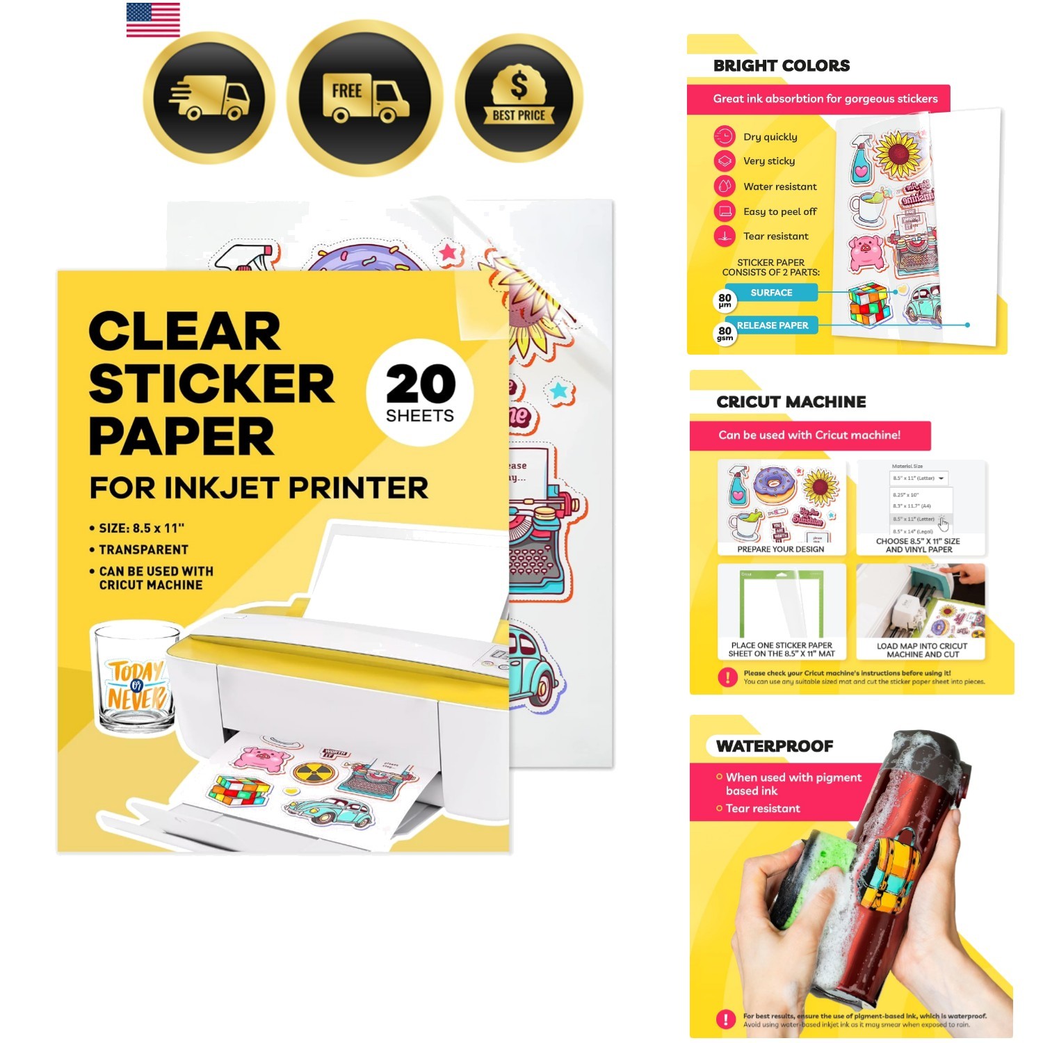 90% Clear Sticker Paper for Inkjet Printer 20 Sheets - Transparent Glossy 8.5...