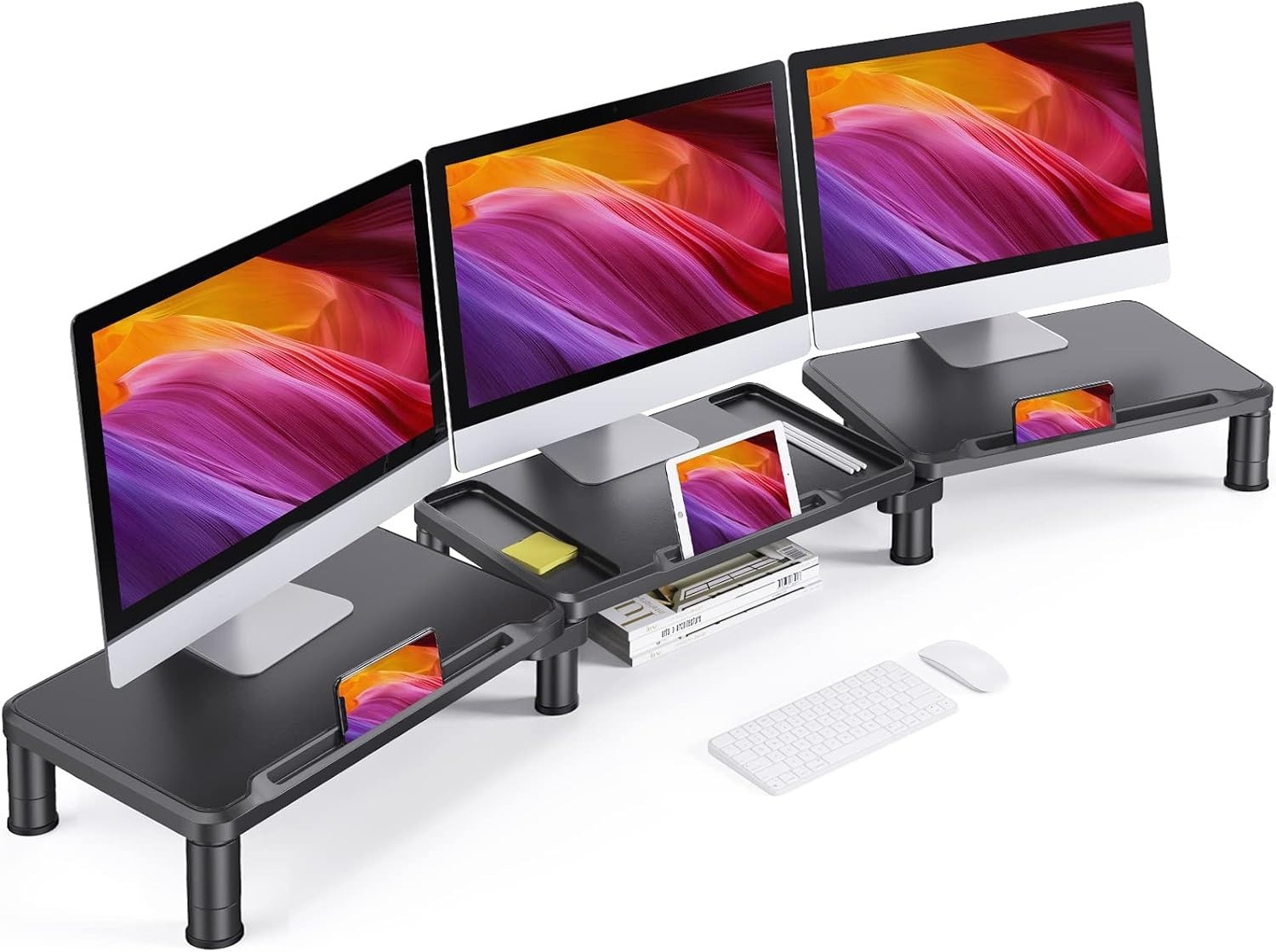 Ameriergo Triple Monitor Stand with Adjustable Angle & Tablet/Cellphone Slots
