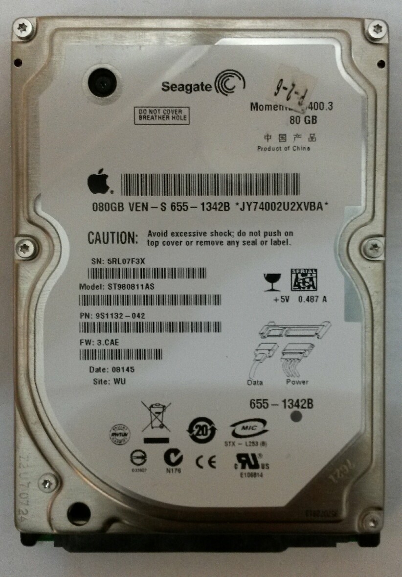 SEAGATE ST980811AS 80GB SATA Laptop Drive P/N:9S1132-042 F/W: 3.CAE Site:TU