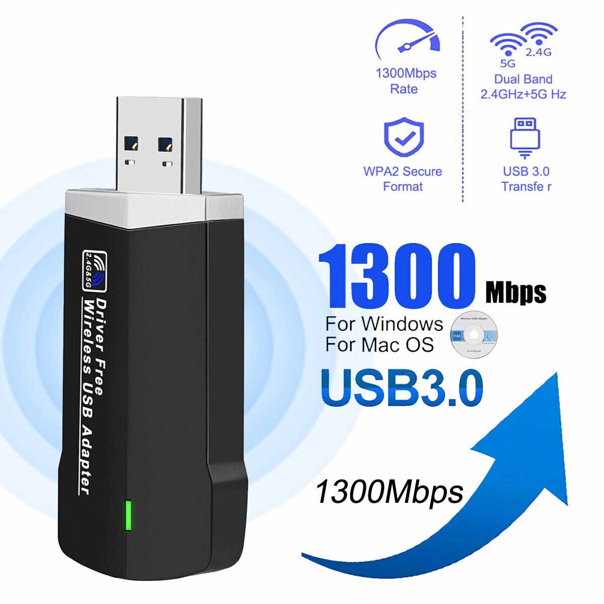 1300Mbps WiFi USB Wireless Network Receiver 2.4/5G Dual-Band Win10 11 Drive Free