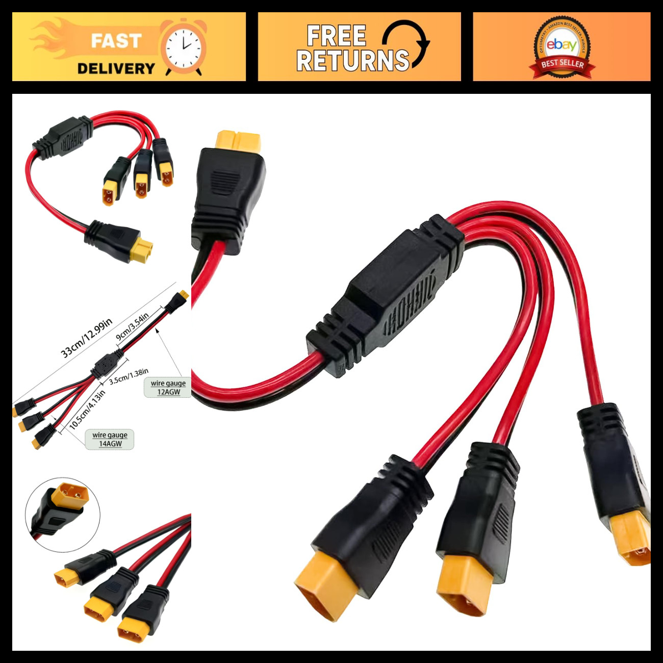 12AWG XT60 Y Splitter Cable 1 Female to 3 Male Parallel Connector for Solar, Dro