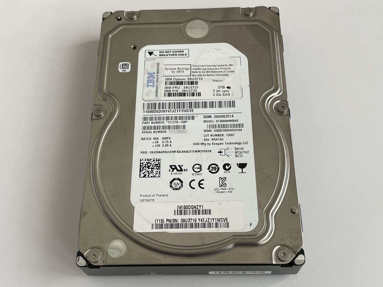 Seagate 3TB 3.5" HDD SAS Hard Drive Seagate ST3000NM0043 IBM 39U3719 7200RPM HDD