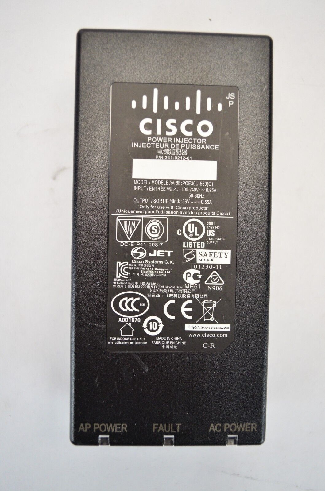 Cisco Power Injector AIR-PWRINJ4 POE30U-560(G) 56V 0.55A 341-0212-01