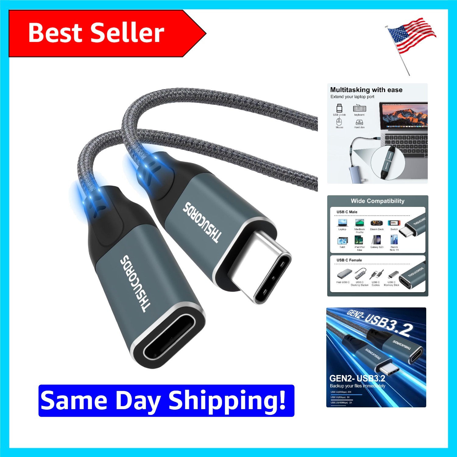 Versatile USB C Extension Cable 1.6FT - 100W Power Delivery, Durable Design