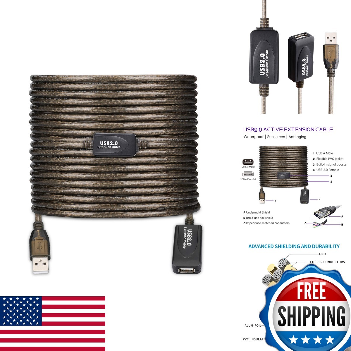 LDKCOK USB 2.0 Type A Male to Female Active Repeater Extension Cable 60ft