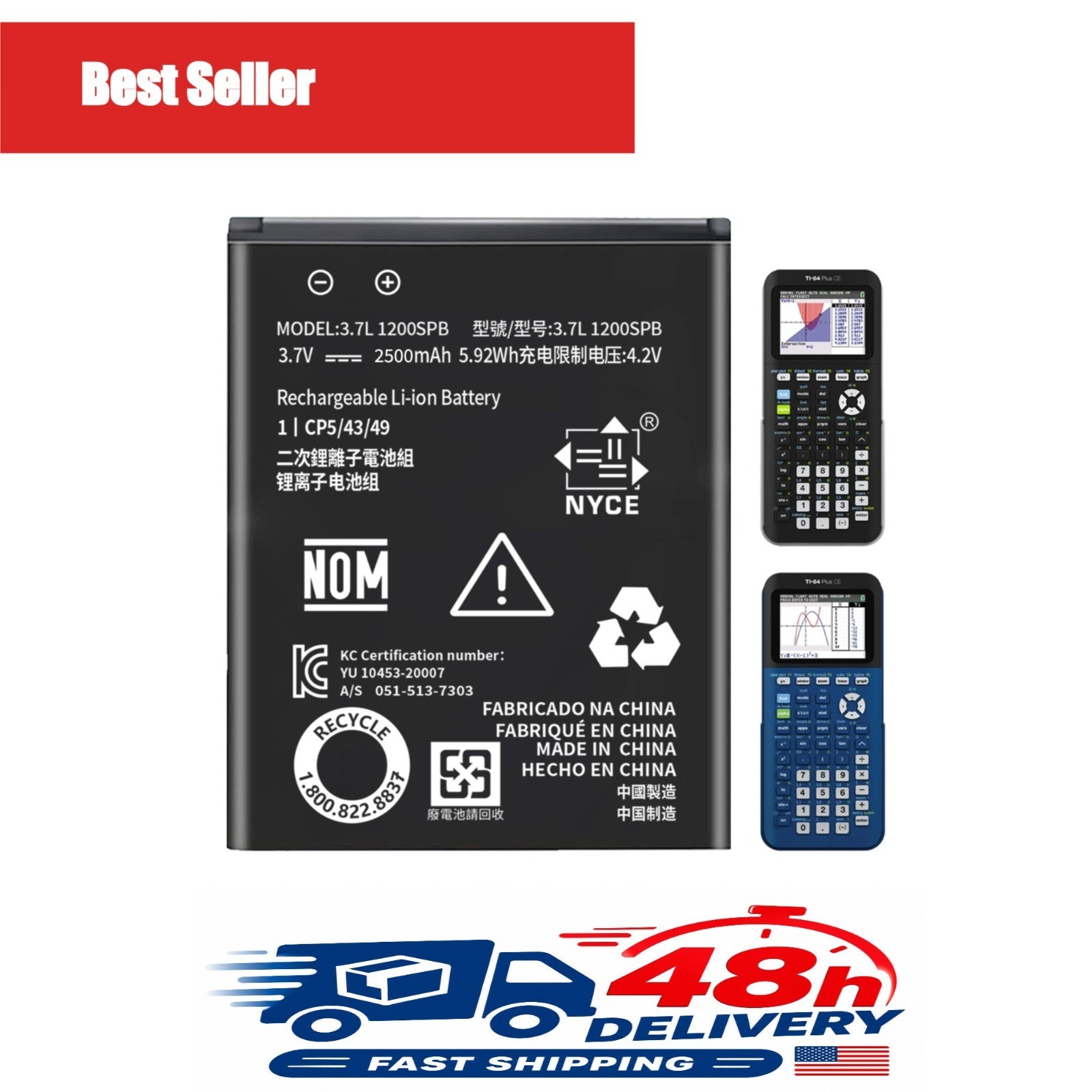 TI-84 Plus CE Replacement Battery 3.7V 2500mAh for TI Nspire CX CX II CAS