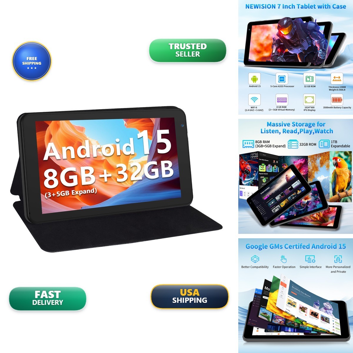 NEWISION P7 7 Inch Tablet 32GB+1TB Expand 5G WiFi IPS Display Black