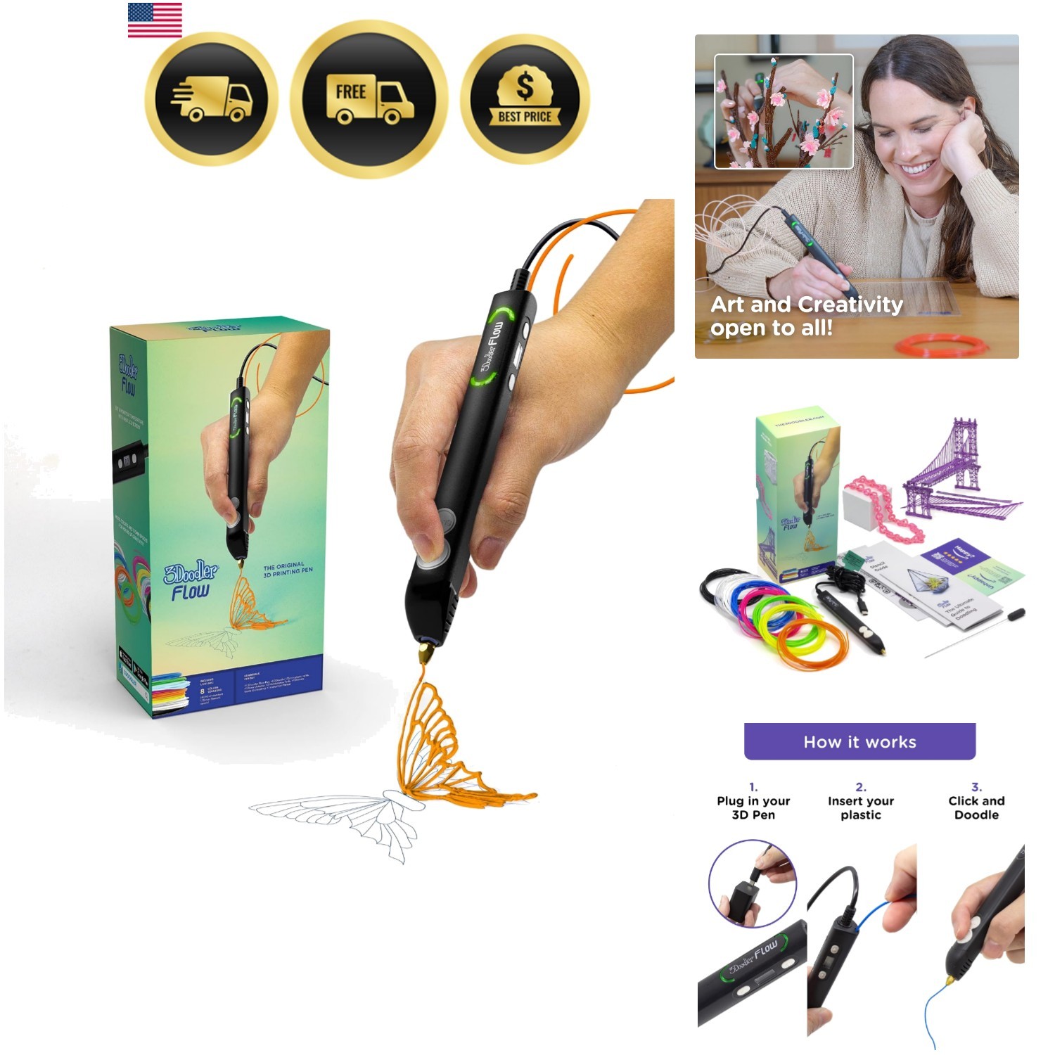 Flow 3D Printing Pen for Teens, Adults & Creators – Black, with Free Refill F...