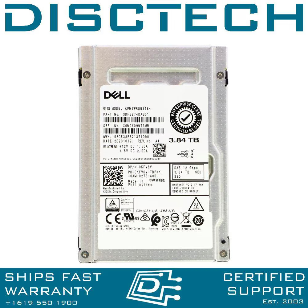 Dell KFV6V 3.84TB SAS SED-FIPS SSD 2.5" 12G Read Intensive Toshiba KPM5WRUG3T84