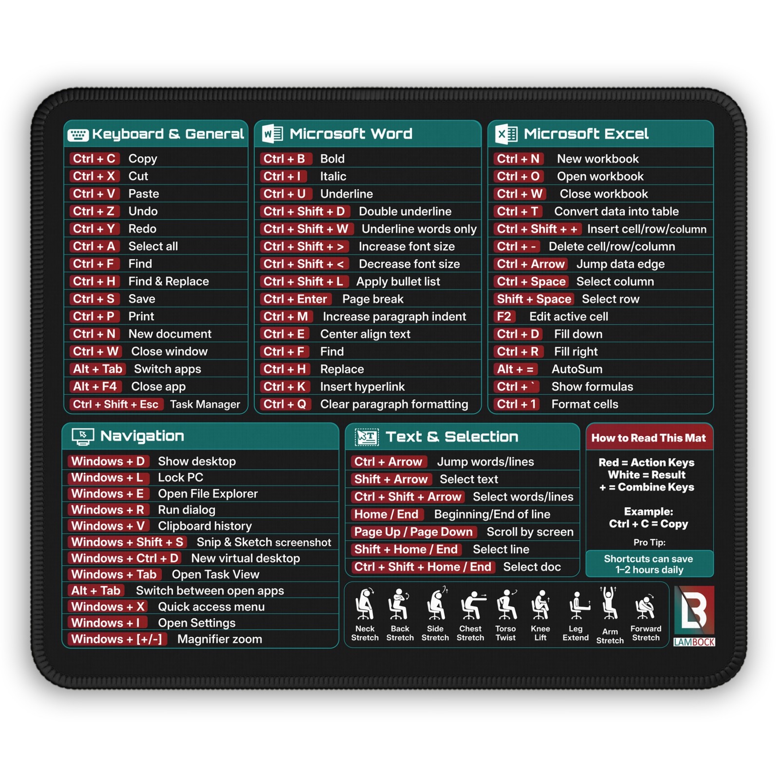 Excel Mouse Pad for Word & Keyboard Shortcuts Excel Cheat Sheet Desk Pad | 9x7''