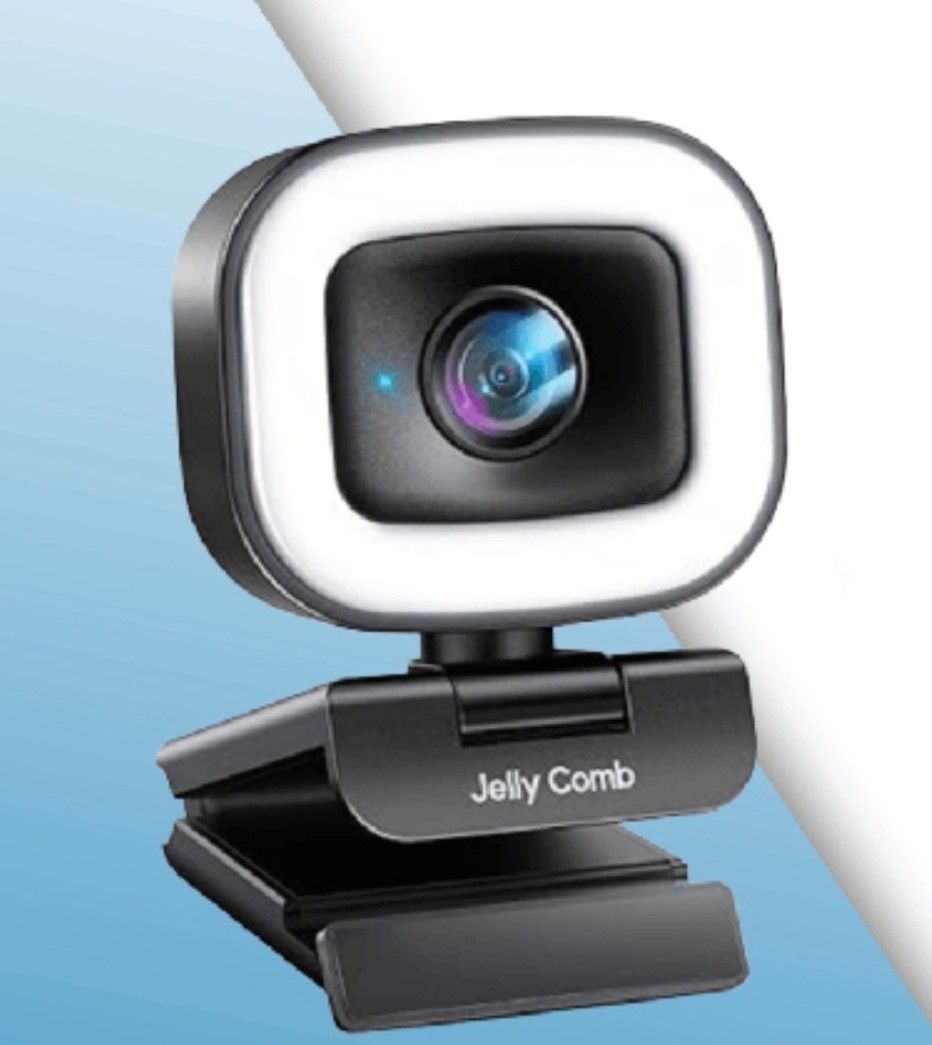 Jelly Comb W15 1080P 60FPS Streaming Webcam w/ Ring Light Autofocus Dual Mic USB