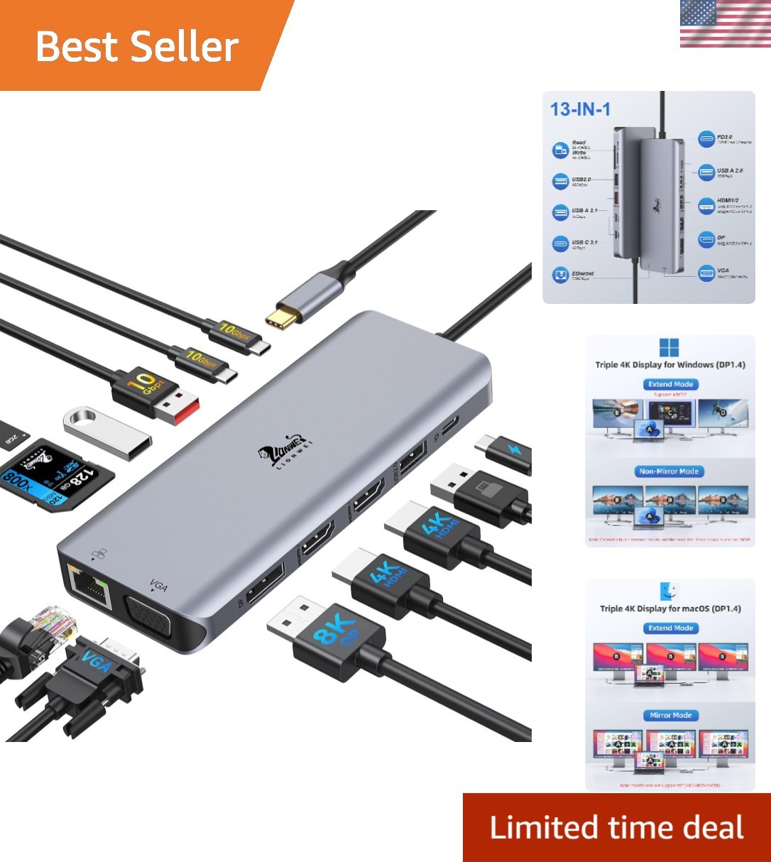 Versatile 13-in-1 USB C Docking Station - Supports 4 Monitors & Quick Charging