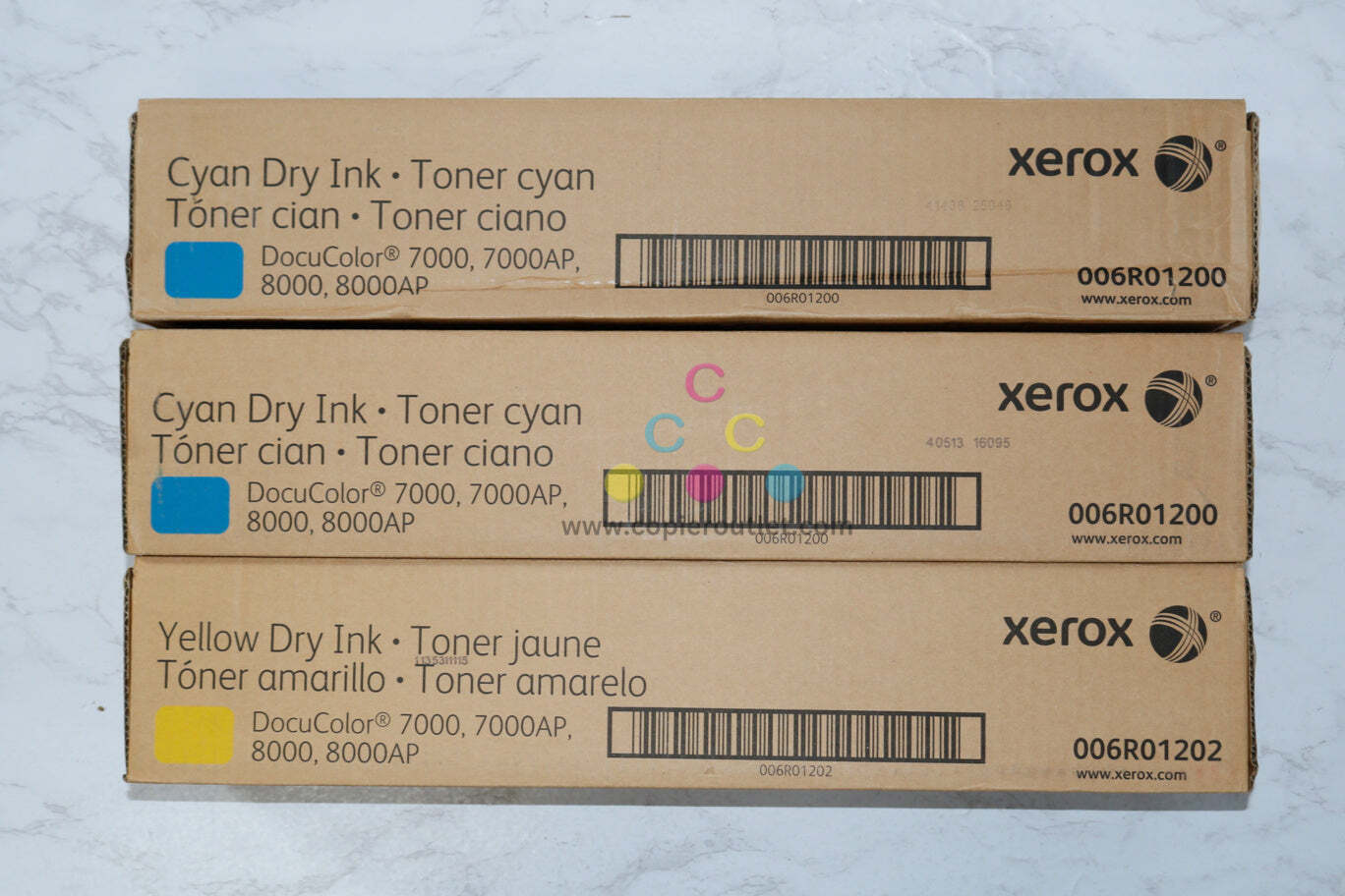 3 New OEM Xerox DocuColor 7000, 8000 CCY Toner Cartridges 006R01200, 006R01202