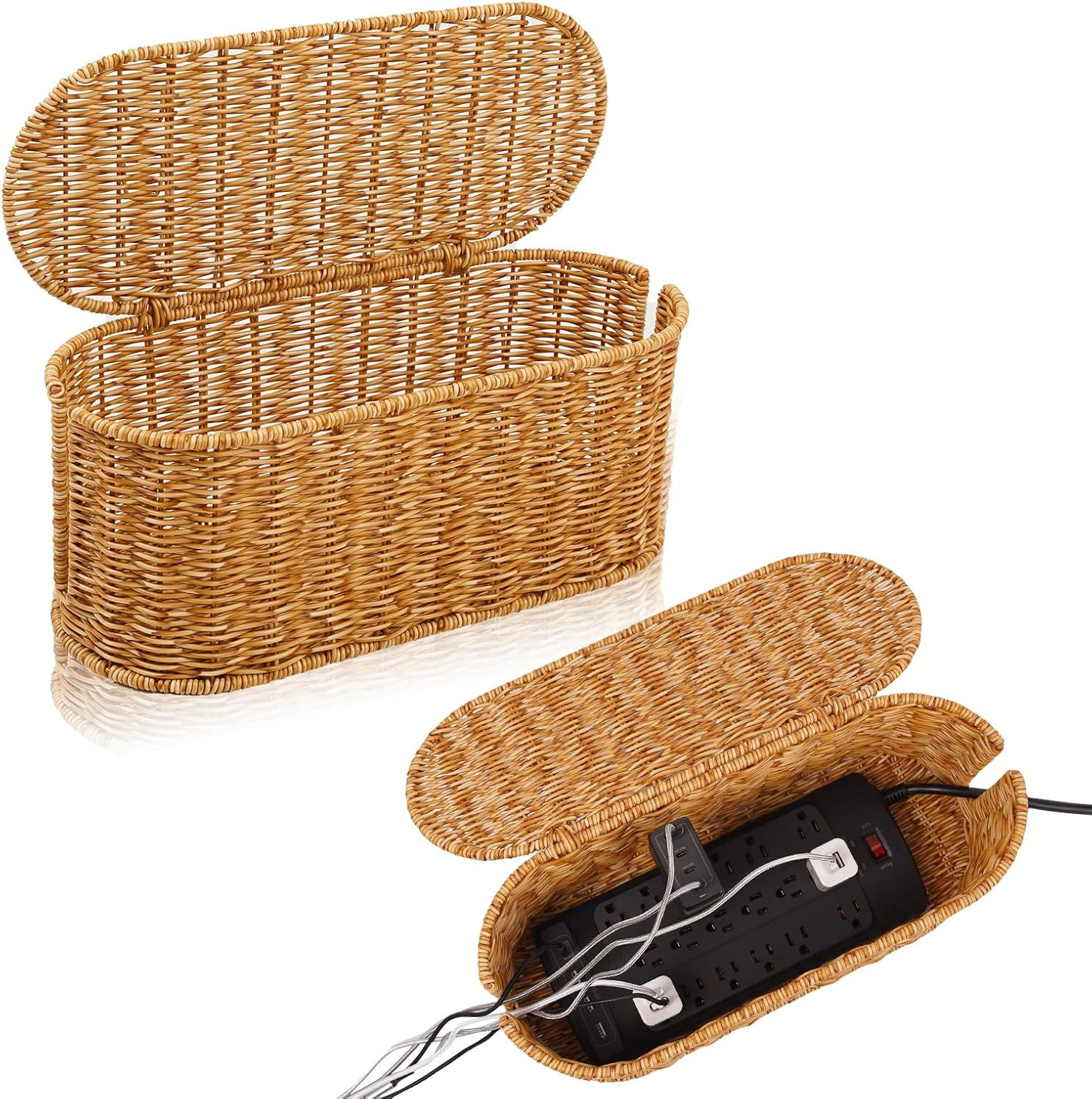 Cable Management Box, Handmade Rattan Cord Organizer for Power Strip