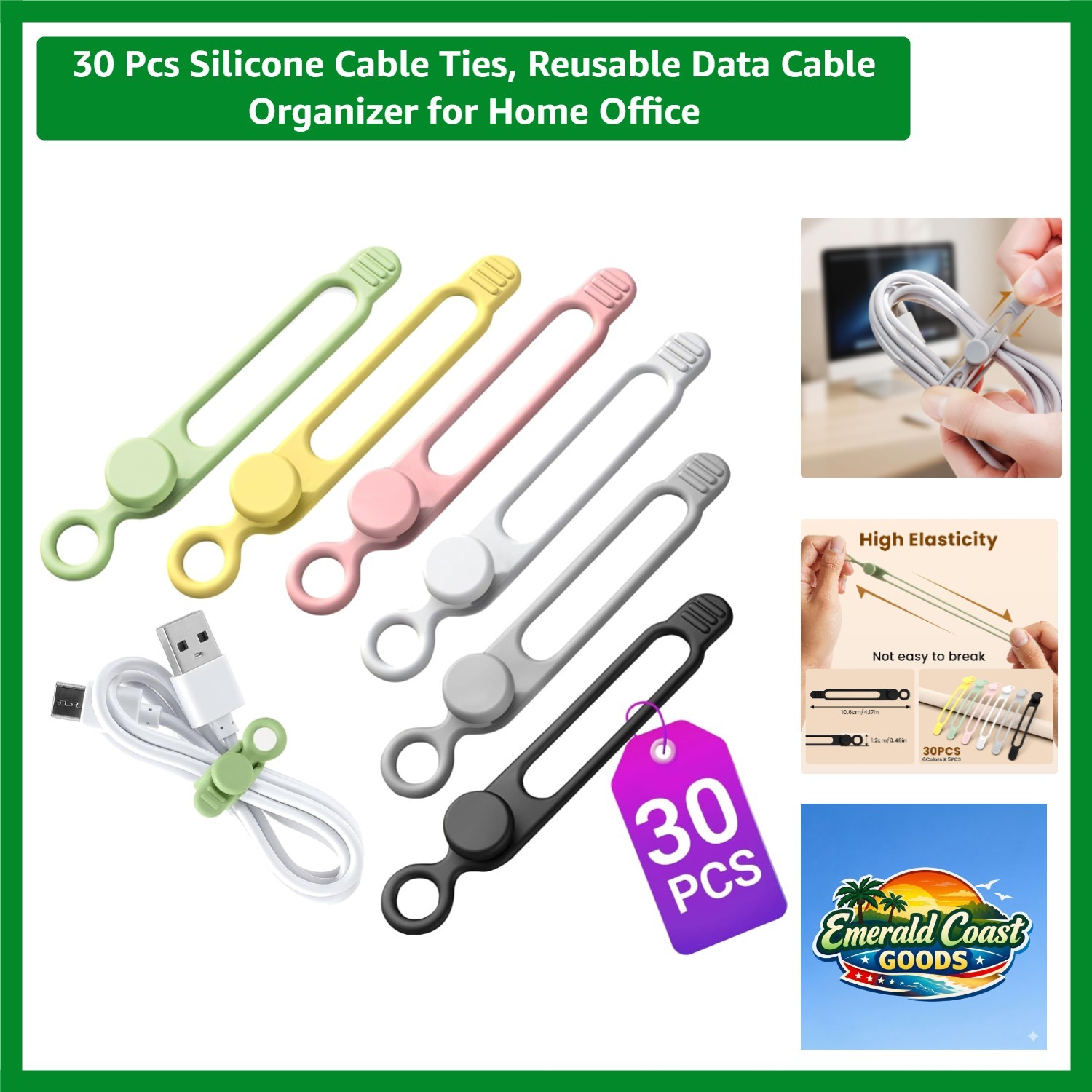 Elastic & Compact Silicone Cable Ties - 30 Pack for Effortless Organization
