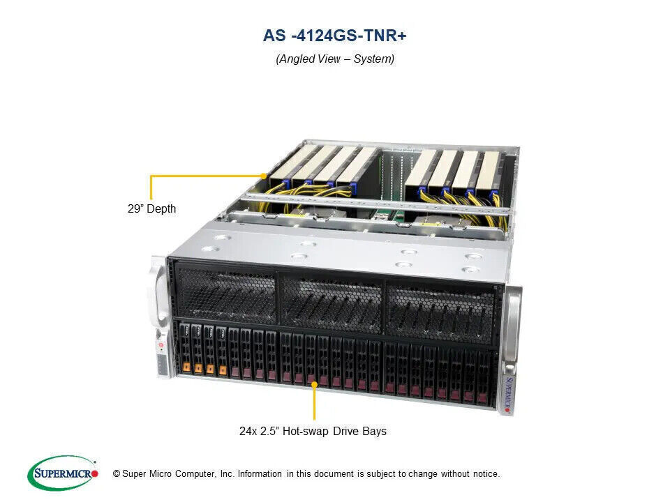 Supermicro AS-4124GS-TNR 4U 8GPU server, 2x AMD 7C13 CPU, 4x 32GB 3200MHz RAMs-