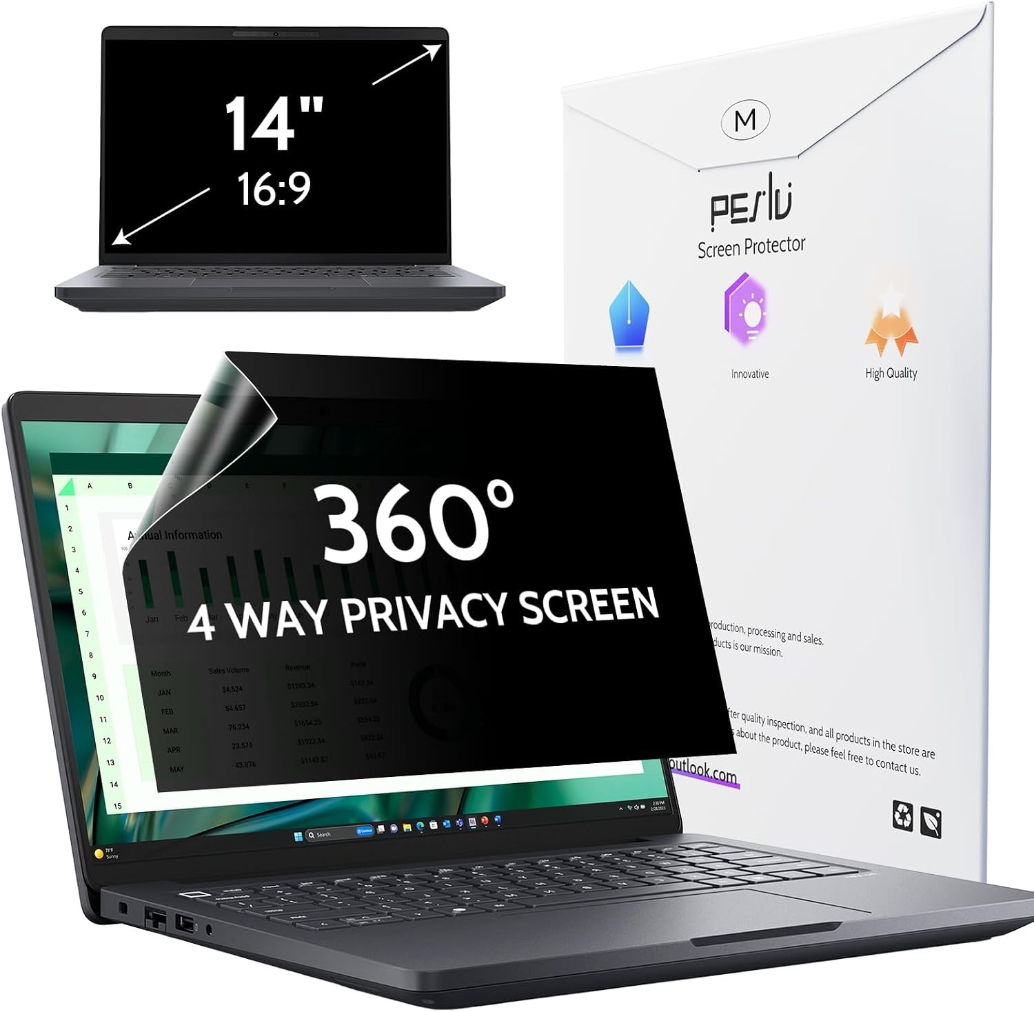 360° 4 Way Laptop Privacy Screen for 14 Inch Computer Monitor, Anti Glare Filter