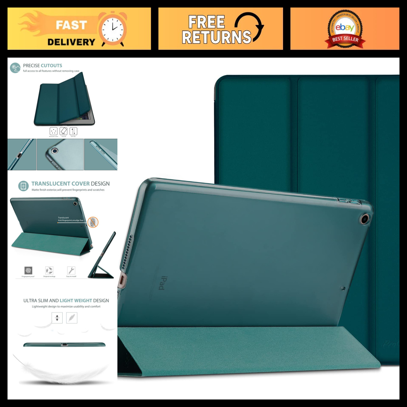 Ultra Slim Lightweight iPad 9.7 Case - Translucent Frosted Back Stand Cover, Eme