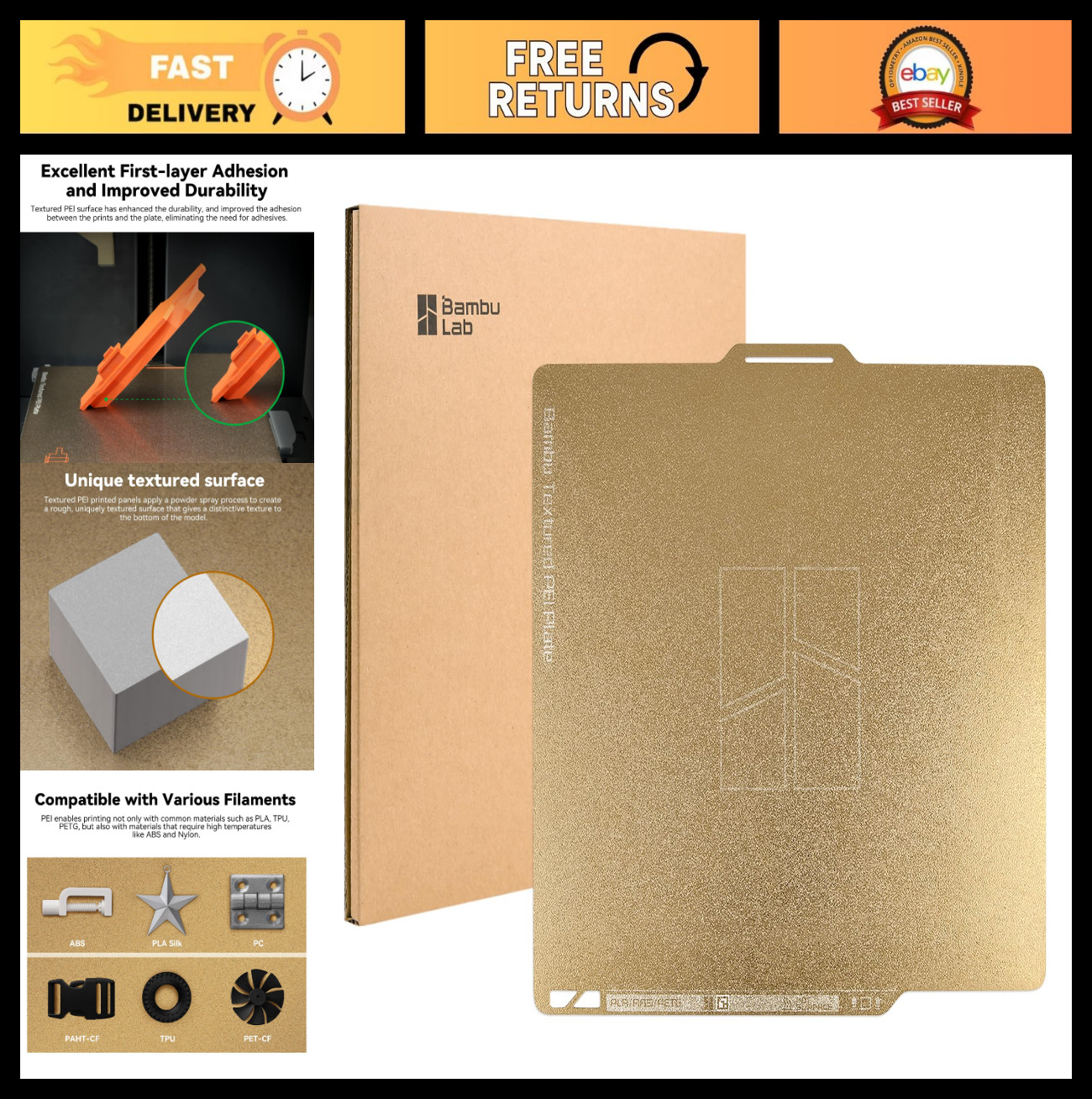 Double-Sided Textured PEI Build Plate for 3D Printers - 257x257mm, Strong Adhesi