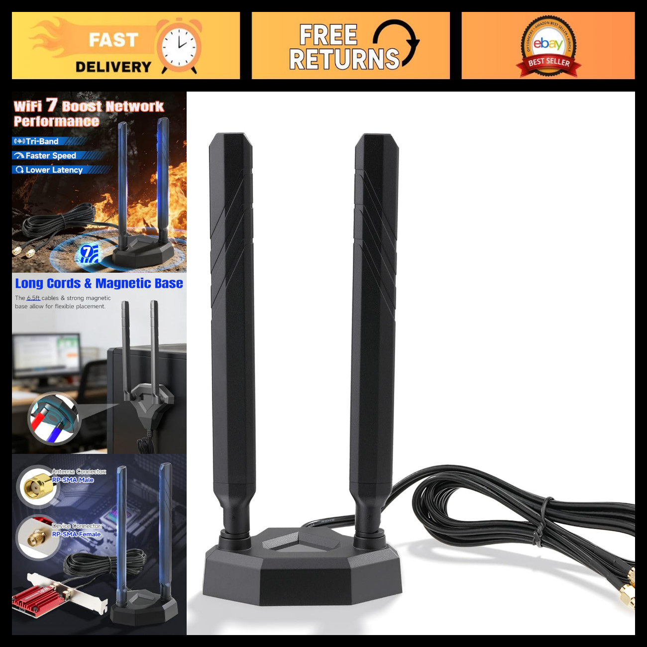 Tri-Band WiFi 7 Antenna, 2.4GHz 5GHz 6GHz RP-SMA, High Gain Wireless Signal Boos