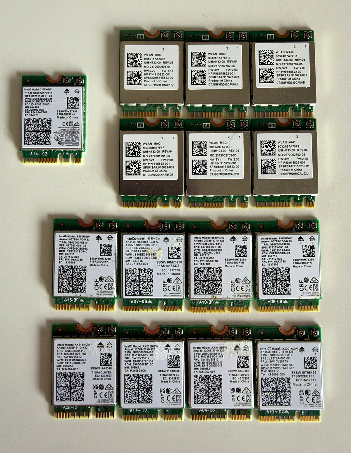 Lot of 15 WiFi Cards Intel AX211 AX201 9560 3168 Realtek RTL8822BE M.2