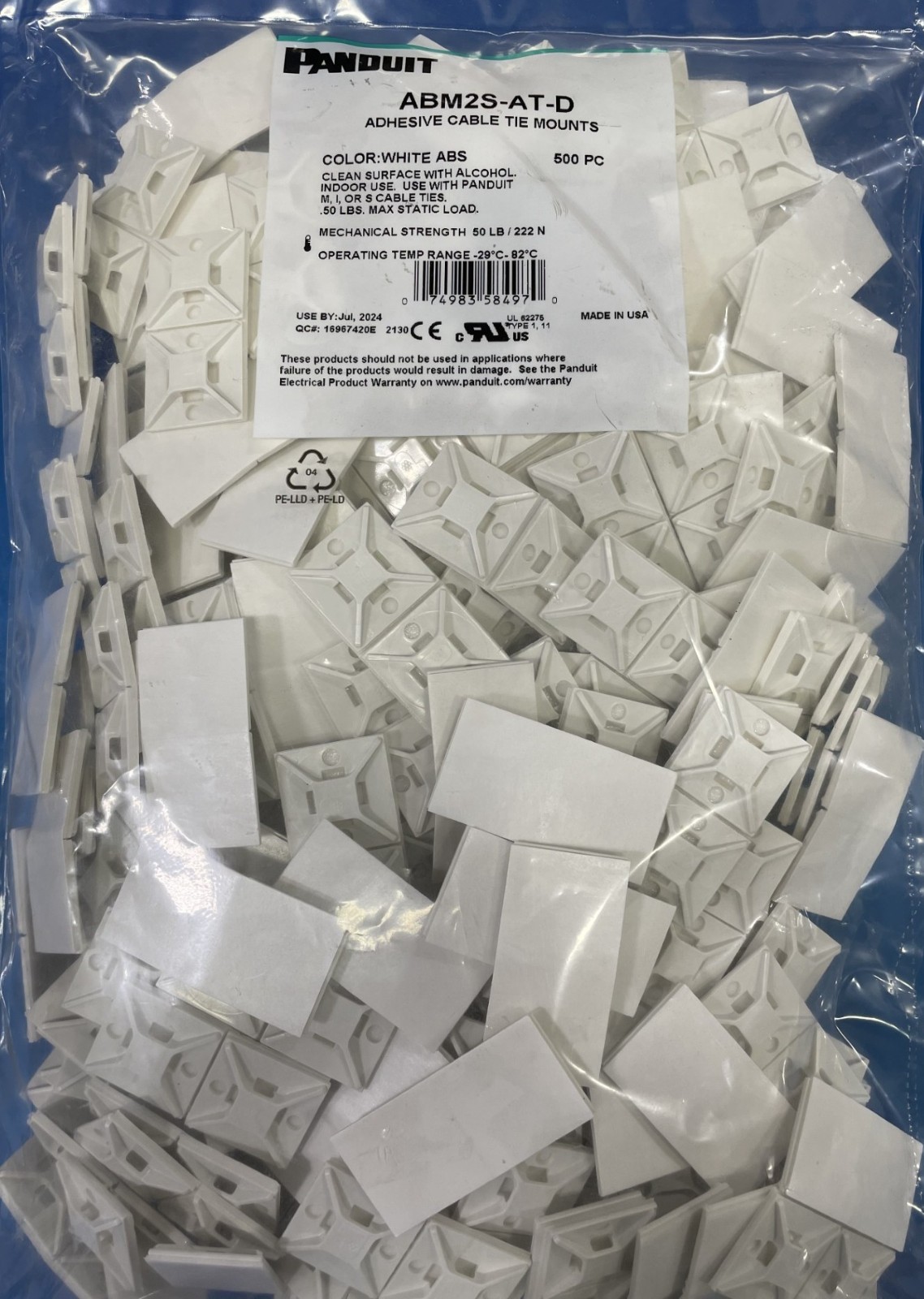 Panduit ABM2S-AT-D Adhesive Backed Cable Tie Mount, 4Way, 1” x 1”, White, PK/500