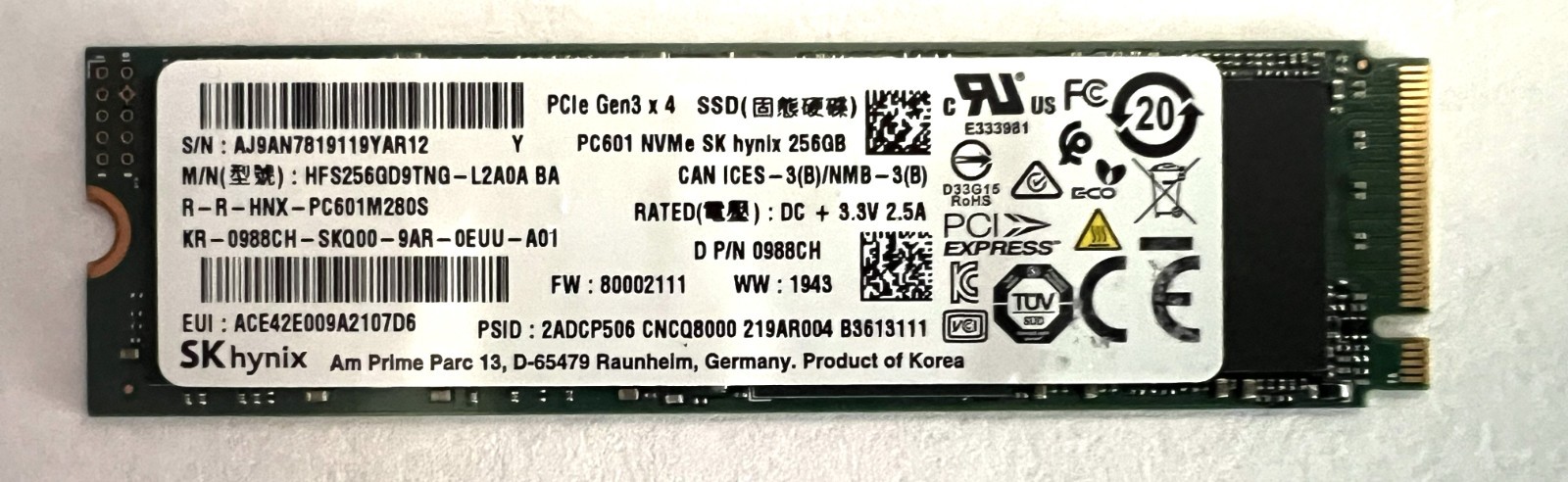 SK HYNIX PC601 256GB M.2 NVMe 2280 SSD HFS256GD9TNG-L2A0A PCIe Gen3 x 4