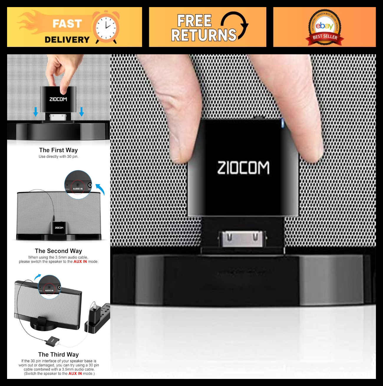 30 Pin Bluetooth Adapter Receiver for iPod iPhone SoundDock, 3.5mm Aux Cable, Bl