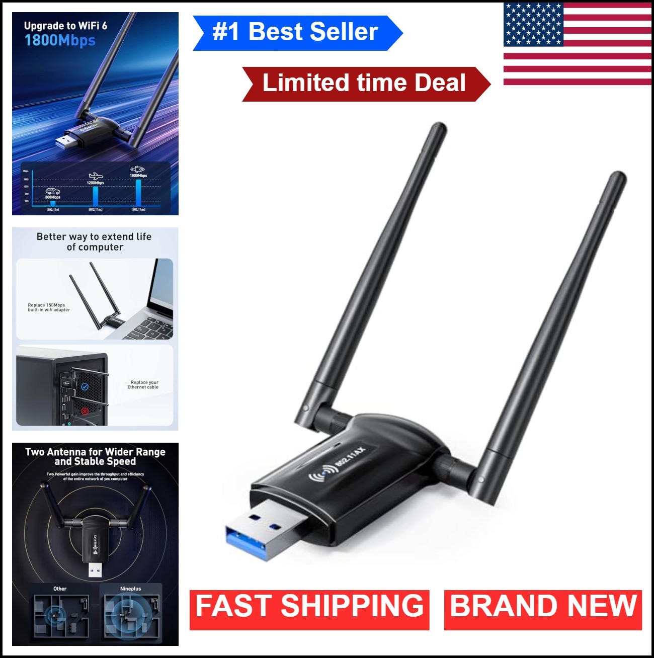 USB WiFi 6 Adapter 1800Mbps Dual Band 5GHz 2.4GHz USB 3.0 2x5dBi Antenna for