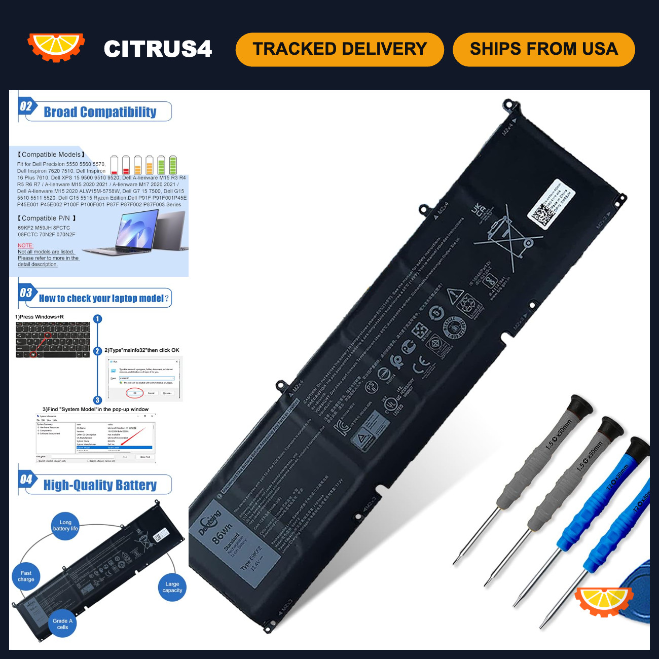 High-Capacity 86Wh Laptop Battery Replacement for Dell XPS 15 9500 9510 9520