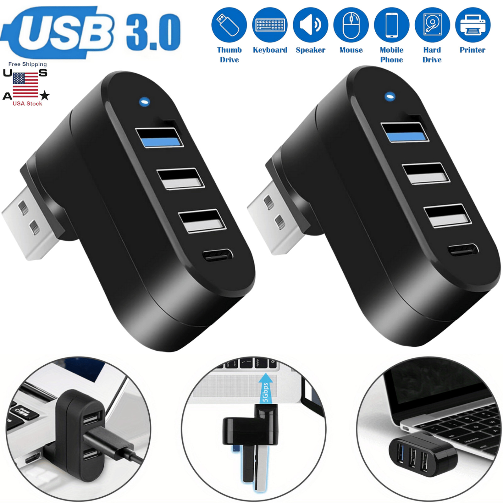2× USB 3.0 Hub 4 Ports USB Extender USB Splitter Hub & 1 Type-c Port Universal