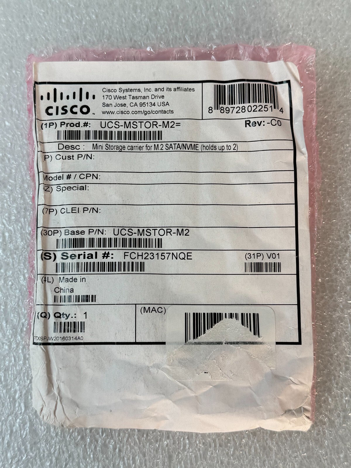 Cisco UCS UCS-MSTOR-M2= Mini Storage Carrier for M.2 SATA/NVME *BRAND NEW*