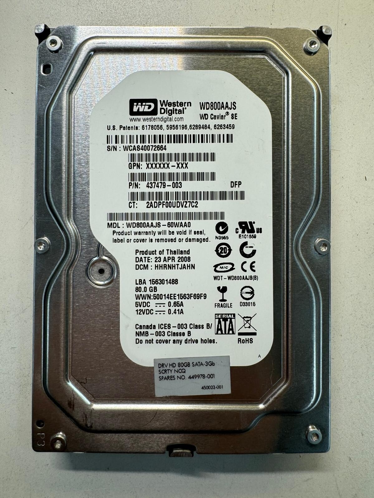 WD WD800AAJS-60WAA0 437479-003 80GB 7.2K RPM 8MB CACHE SATA 3.5" HDD