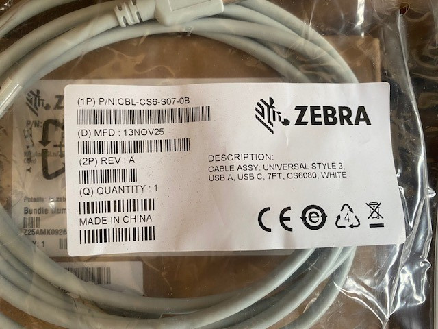 Zebra CBL-CS6-S07-0B USB/USB-C Data Transfer Cable 7 ft for Cradle - USB Type A