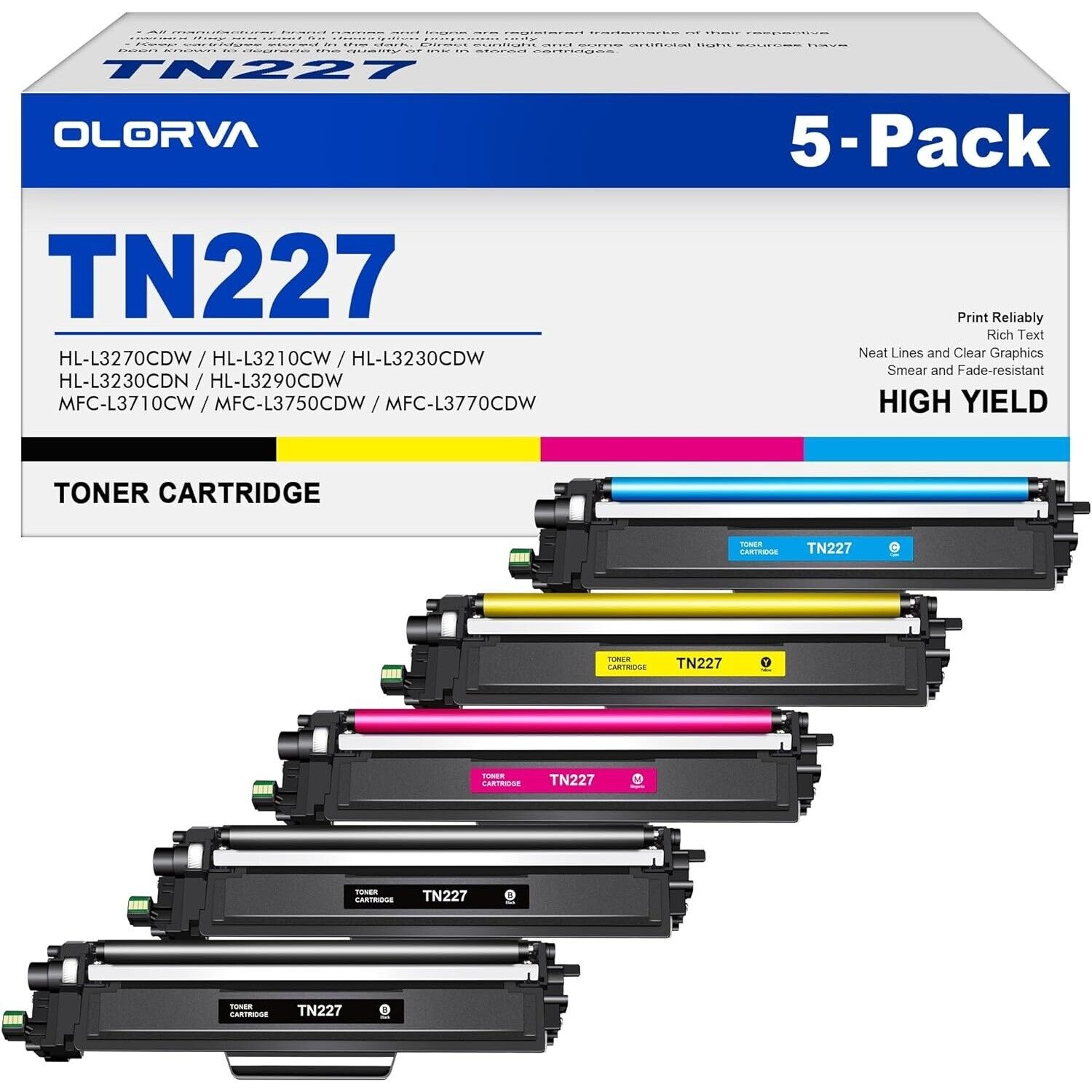 5 Pack TN227 High Yield Toner Cartridge Compatible for TN-227 Brother TN-223 bk