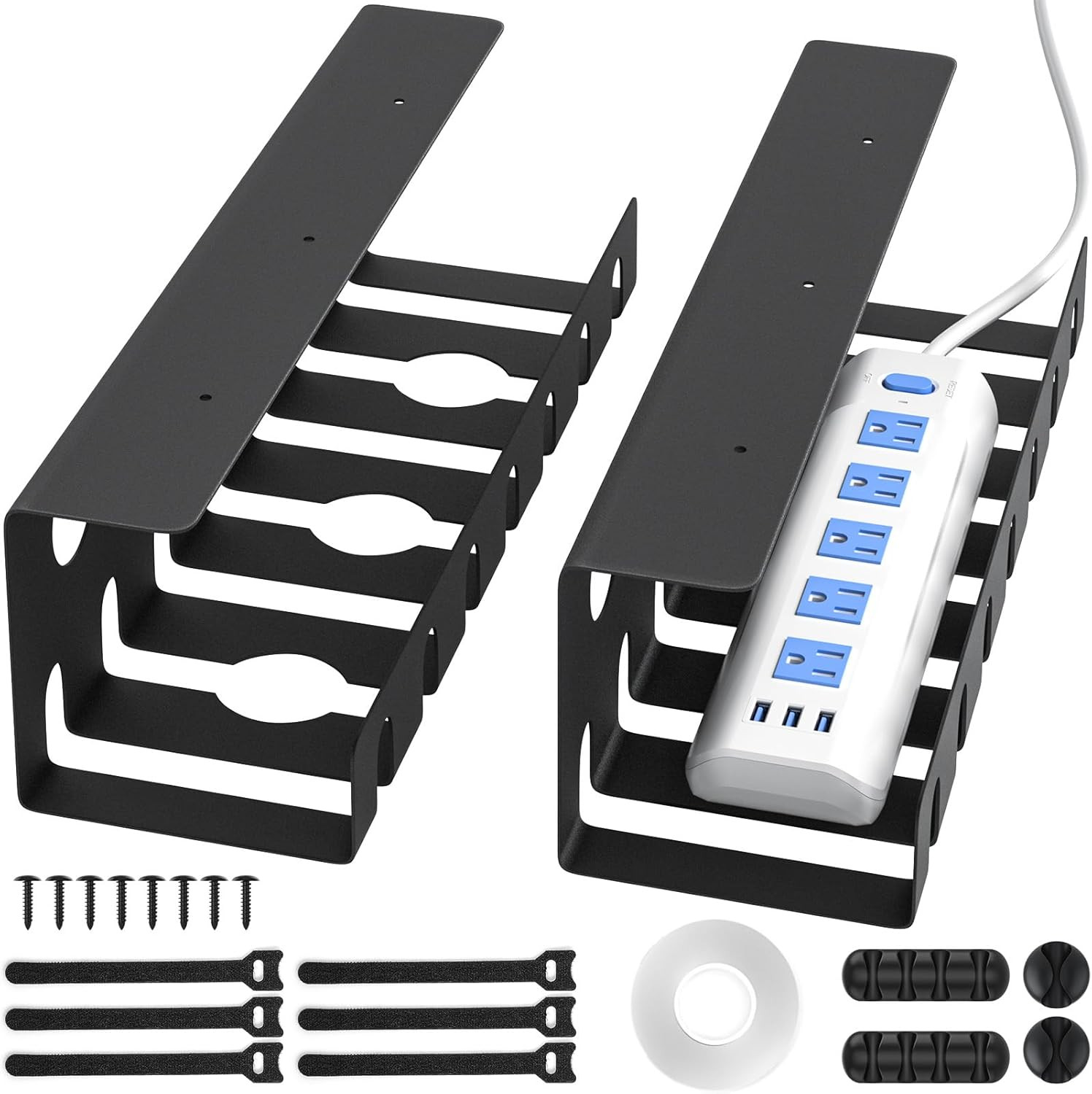 2 Pack Metal under Desk Cable Management Tray, U Channel Cord Organizer Box, Off