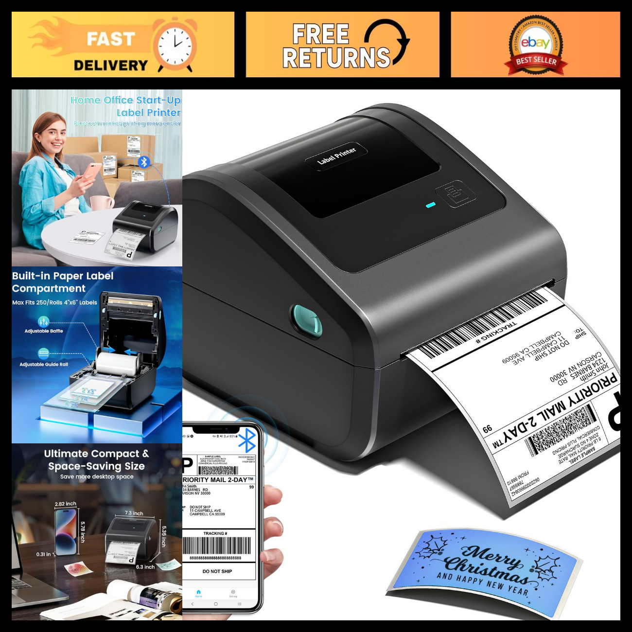 Wireless Bluetooth Shipping Label Printer - Compact Design, Built-in Label Bin