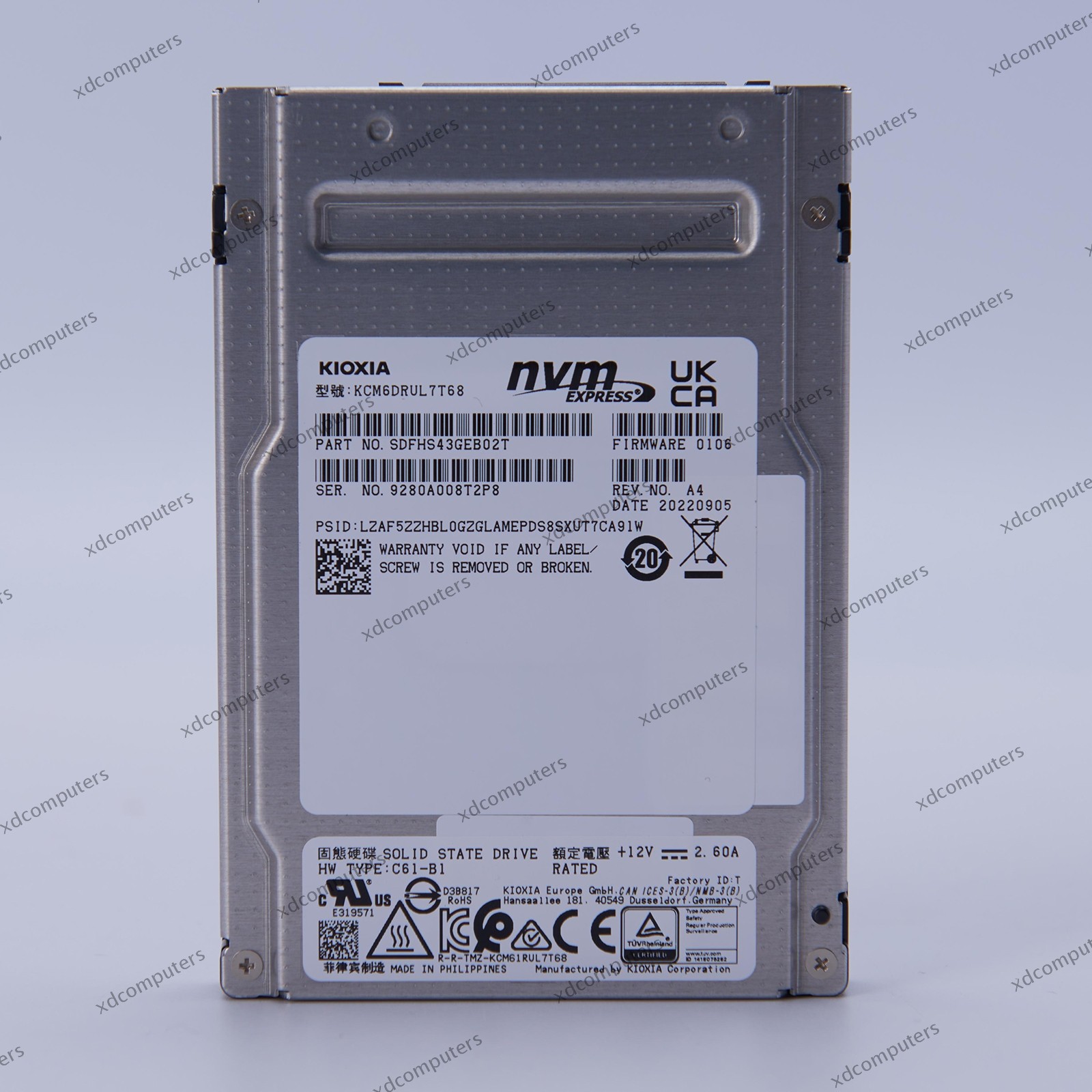 KIOXIA CM6 Series 7.68TB SSD 2.5" U.3 PCIe NVMe SDFHS43GEB02T KCM61RUL7T68