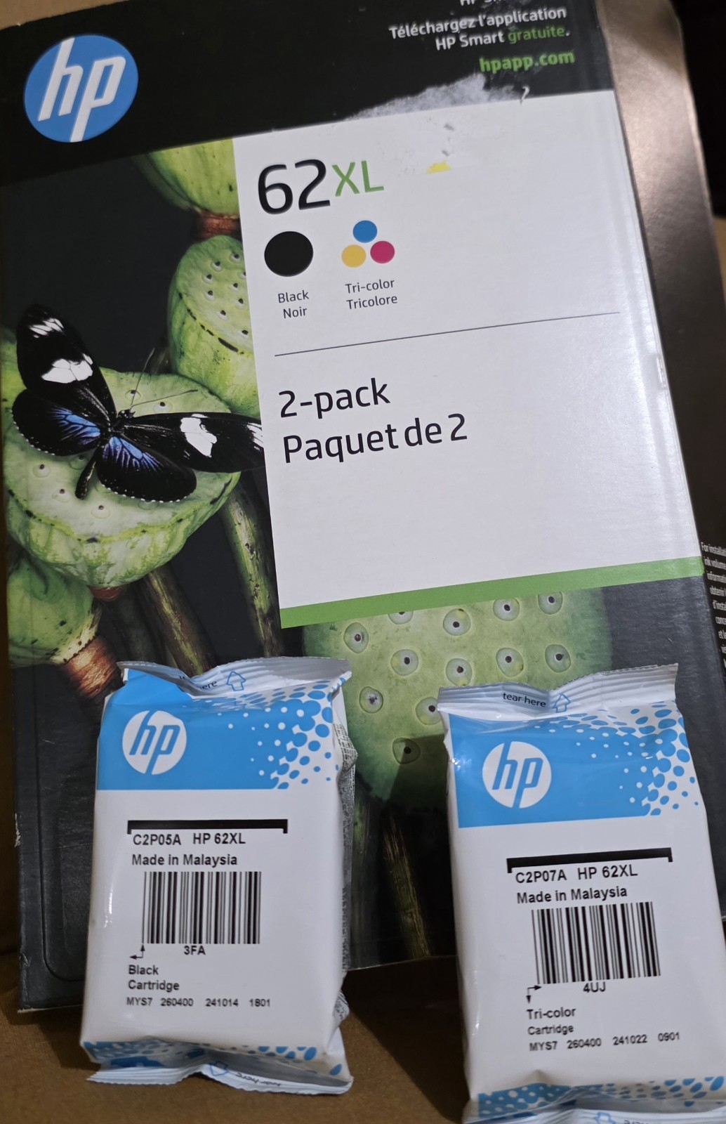 Genuine HP 62XL Black & Tri Color Ink Cartridges C2P07A&5A - Exp 10/26 