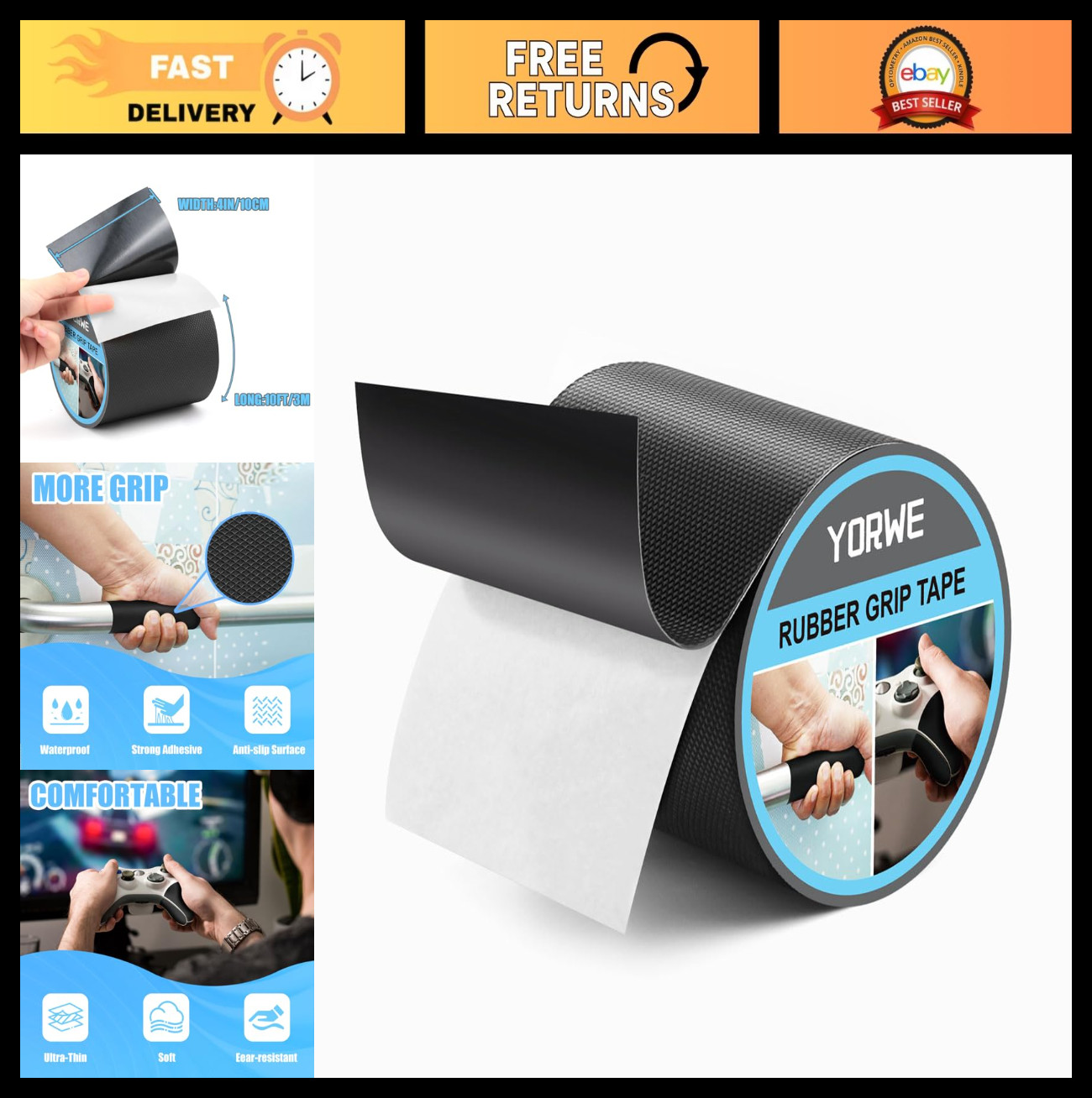 Ultra-Thin Rubber Grip Tape - Anti-Slip, Waterproof, Heat Resistant, 4"x10' - Sa