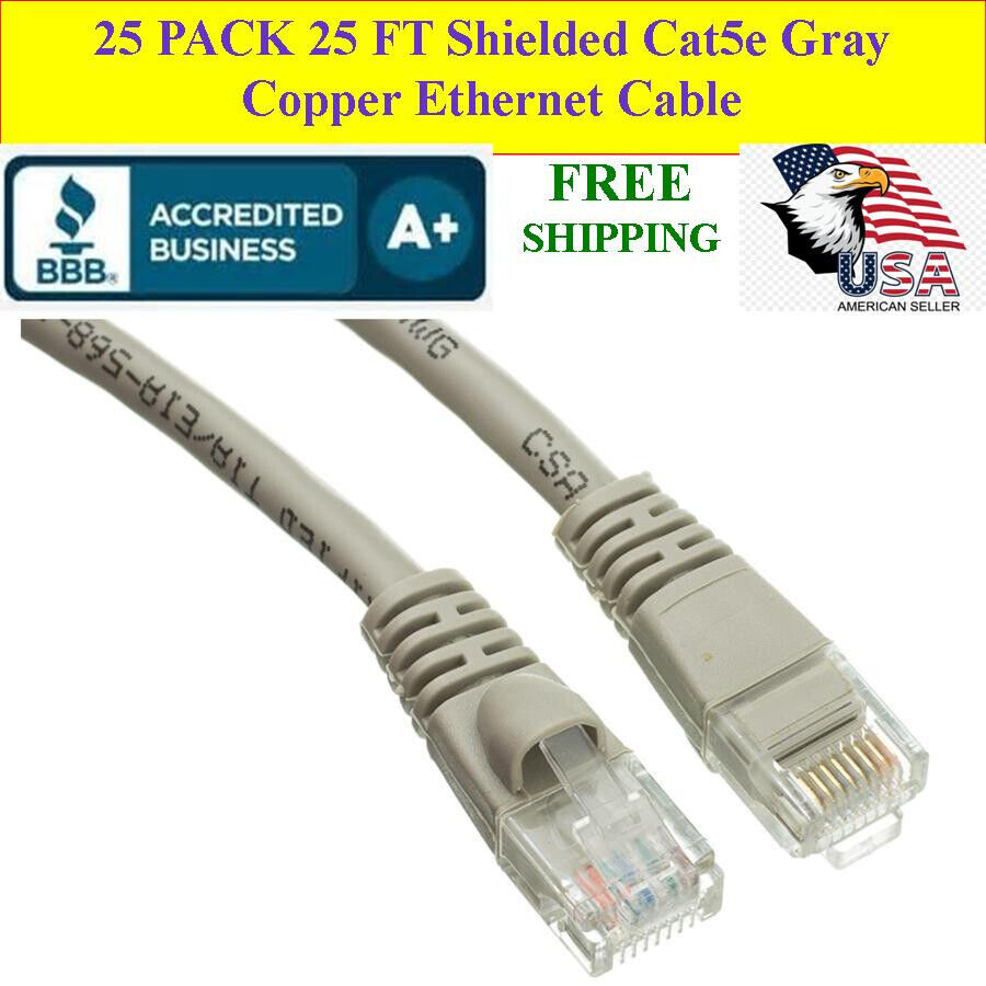 25 PACK 25 Ft Cat5e Gray Shielded Ethernet Patch Cable RJ45 Gold Connectors AWG