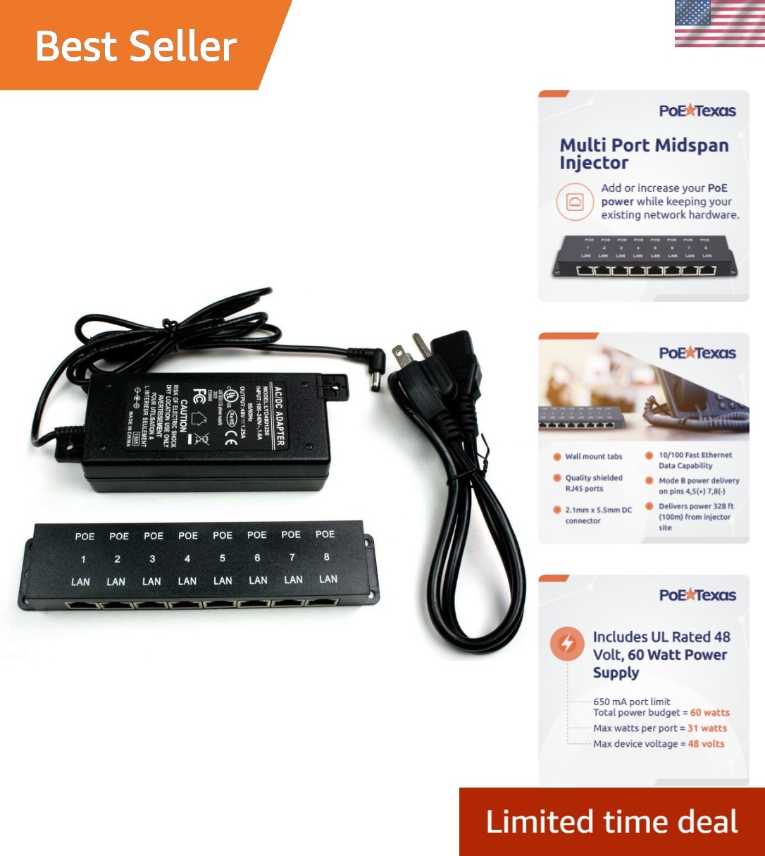 Compact 8-Port PoE Injector with 48V Power Supply – Simplify Your Network
