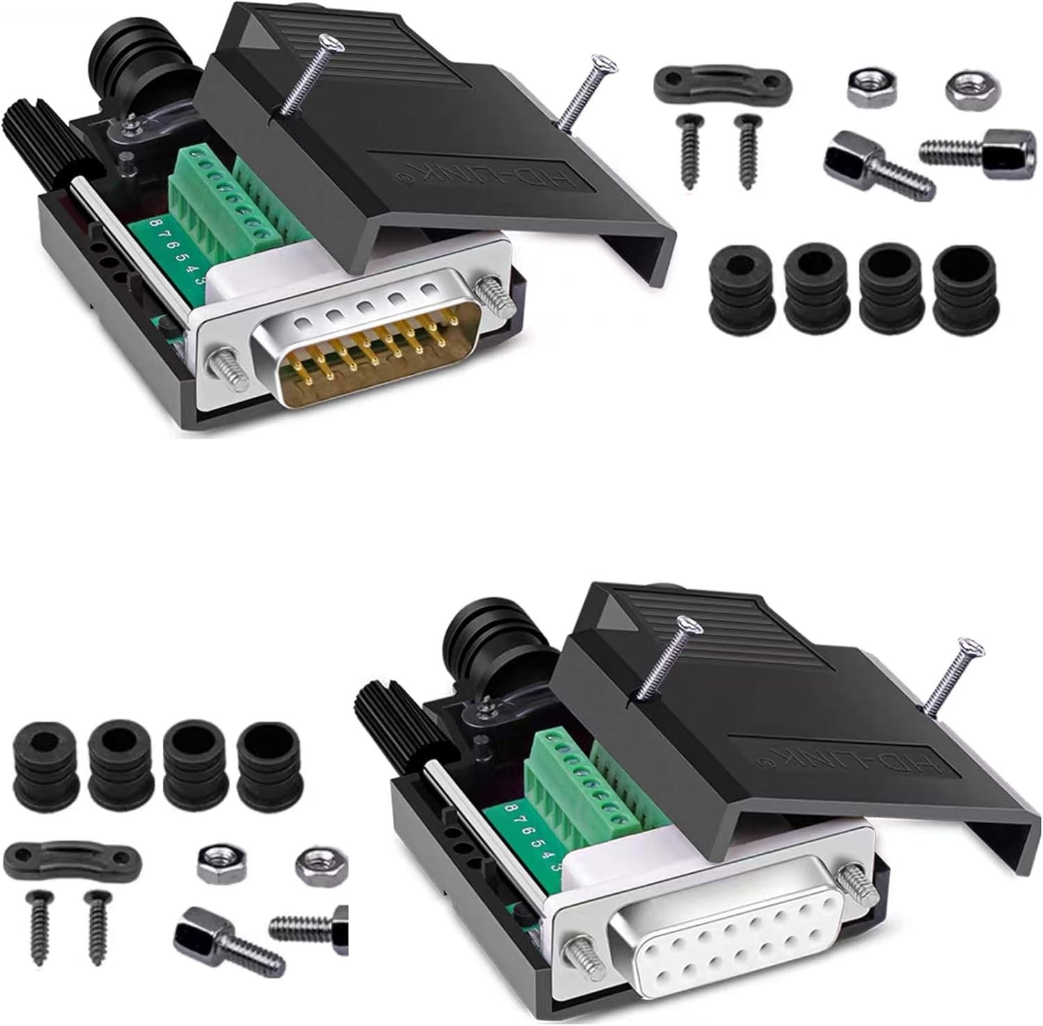 DB15 Solderless Male Female RS232 D-SUB Serial Adapters, 16mm M/F, Black 
