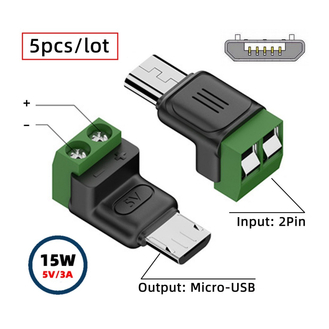 5 PACK USB 2Pin Plug Solderless 5V3A Charging Connector for Power Bank/Phone